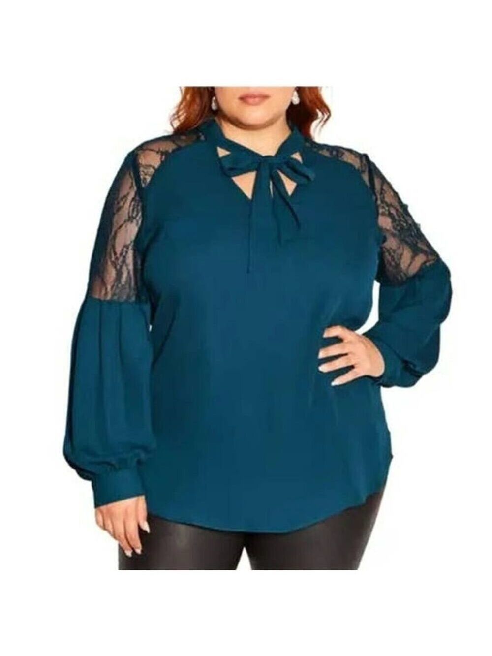 City Chic Mysterious Lace Balloon Sleeve Hunter Green Top/Blouse Size Small